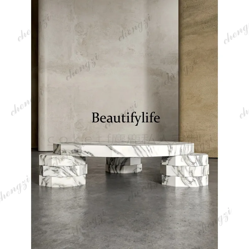 Italian light luxury high sense natural big flower white marble coffee table living room household round coffee table