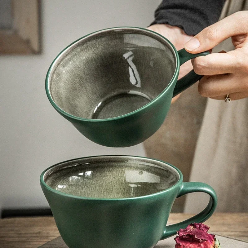 

Alley tail [super durable ice-cracked glaze breakfast cup] Retro dark green oatmeal cup large ceramic cup None