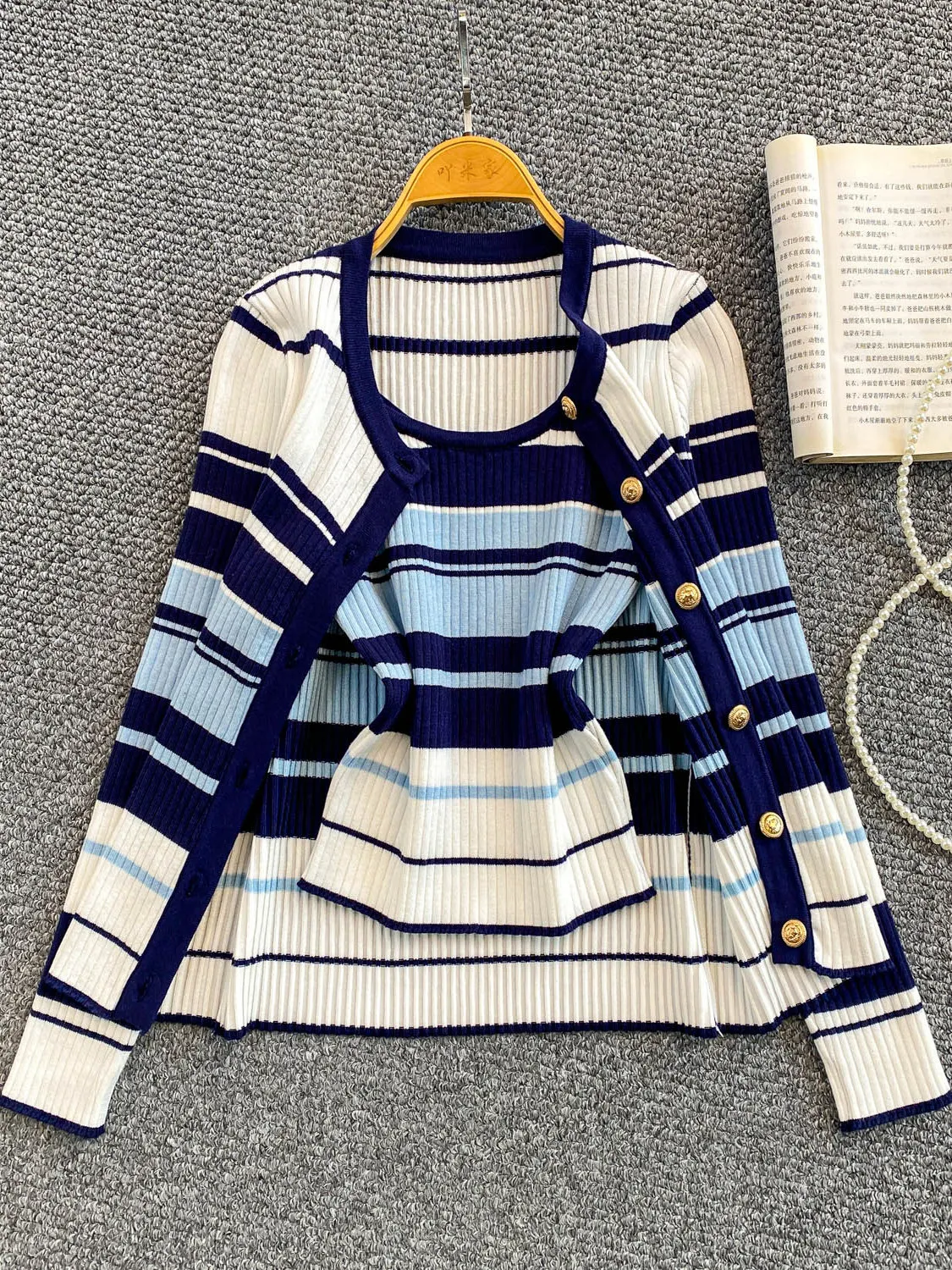 

2026 New Autumn Women O-neck Long Sleeve Striped Cardigan Tops + Temperament Elastic Slim Short Camisole Two Piece Set