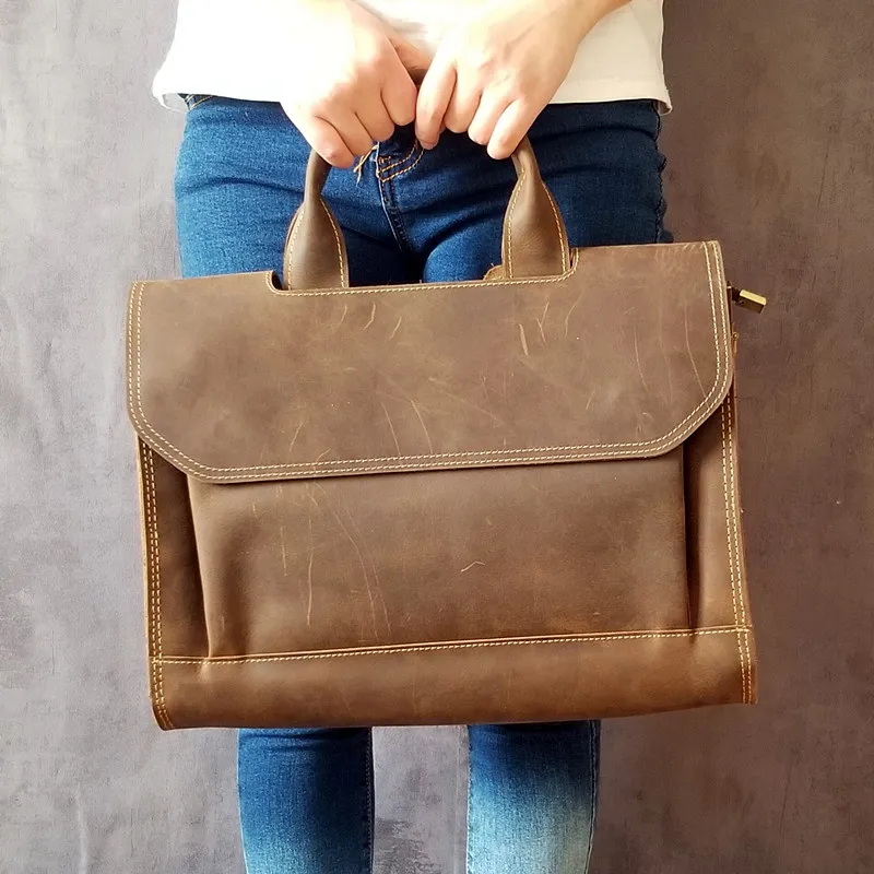 Herren handtaschen männliches Geschäft 14 Zoll Laptop Aktentasche Männer Schulter Umhängetaschen Retro echtes echtes Leder verrücktes Pferd Leder