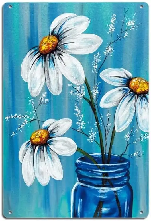 Garden Flowers Metal Tin Sig,Vintage Flowers Kitchen Garden Home Horticulture Wall Decor,Blue Floral Tin Hanging Picture fo sign