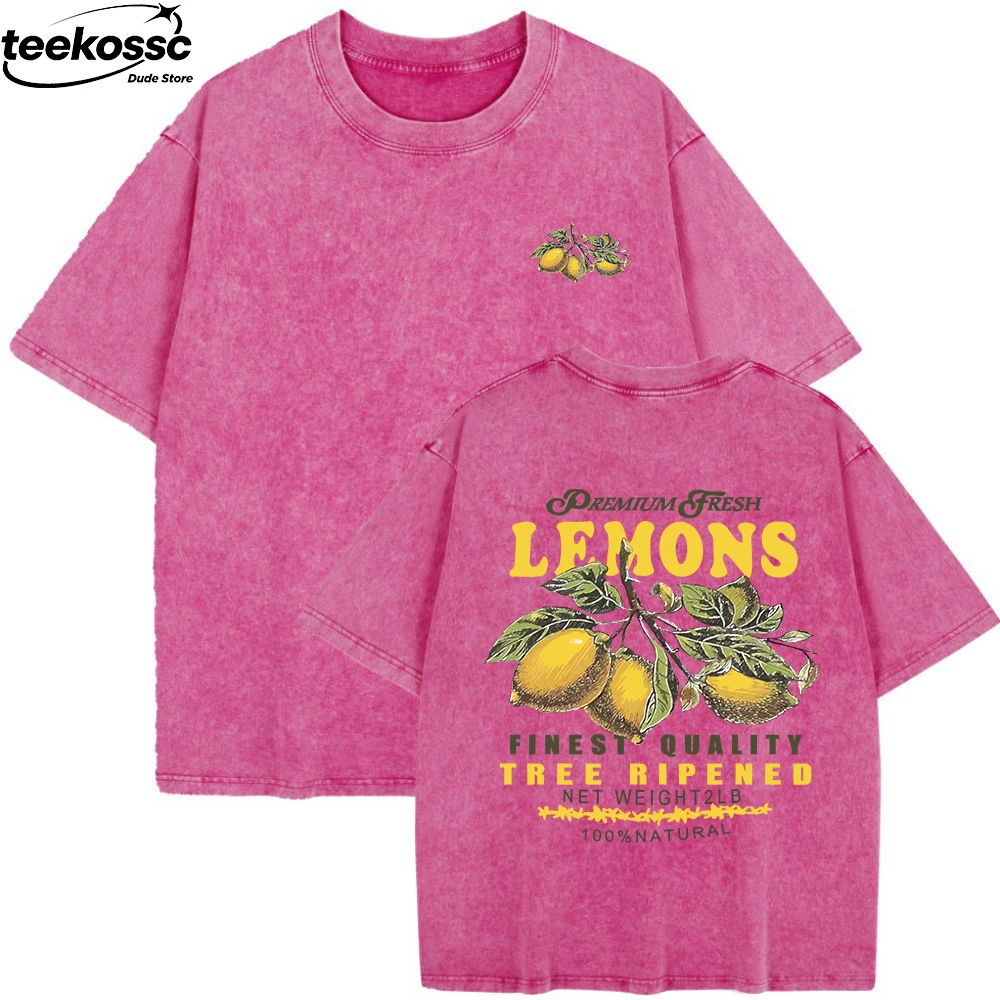 

Premium Fresh Lemons Fruit Prints Washed T-Shirts Womens Cotton Short Sleeve Tops Street O-Neck Oversize T Shirt Summer Clothes
