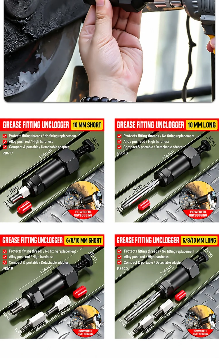 Schmierfittings-Entstopfer-Werkzeug mit Legierungsstößel, 6/8/10mm-Adaptern, kurzen und langen Stäben für verstopfte Schmierleitungen – Detail 20