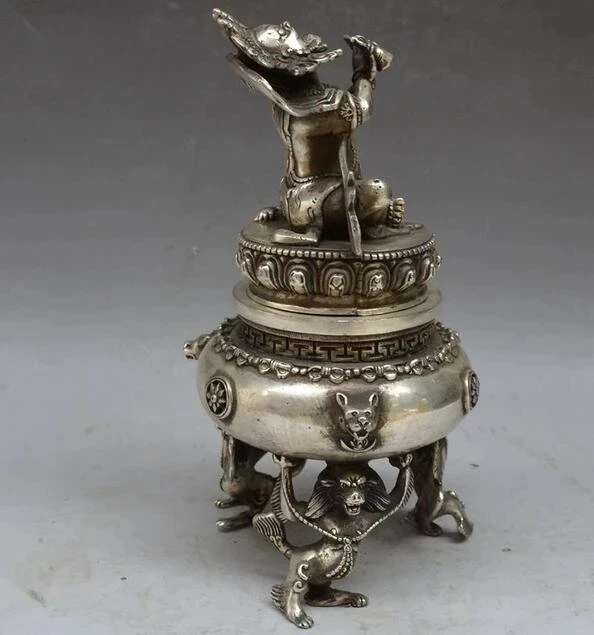 

Tibet Tibetan Silver Bronze Mahakala Buddha Incense Burner Censer