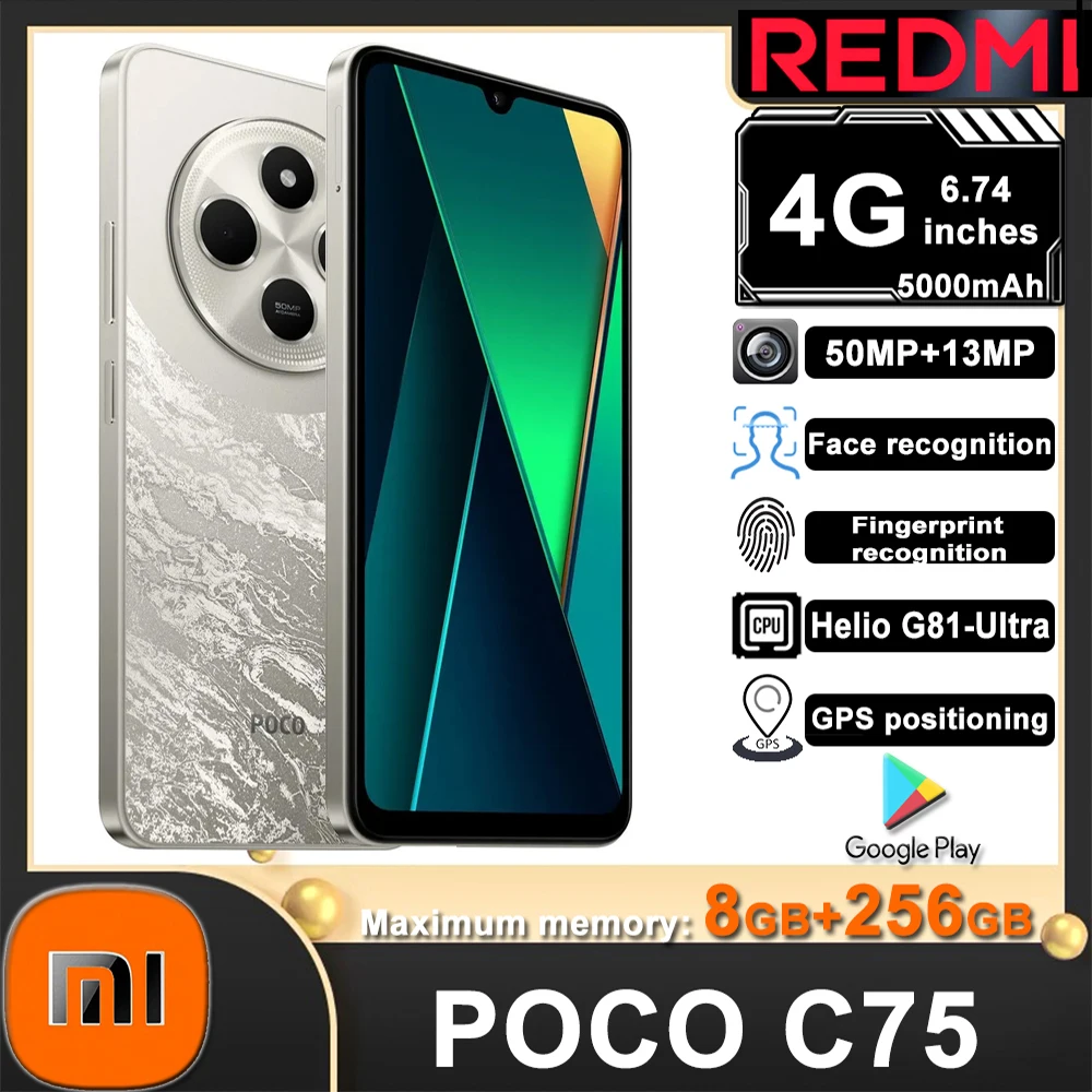 

Оригинальный смартфон Xiaomi POCO C75, модный дизайн, 4G, 8-мегапиксельная фронтальная камера для селфи, 8 ГБ+256 ГБ, 5000 мАч, музыкальный телефон
