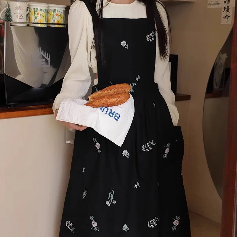 Waterproof Cotton Embroidered Printed Kitchen Apron  Women Cross-back Long Skirt Pleated Pinafore for Cooking Gardening Working