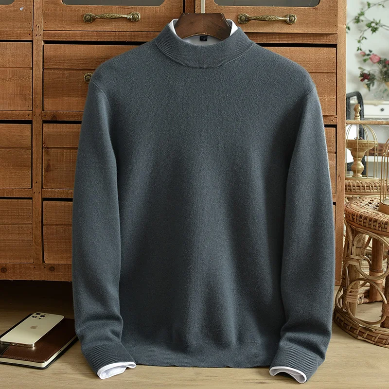 Winter semi high neck pure cashmere sweater men's thick spun cashmere pullover solid color knitting high-end exquisite casual