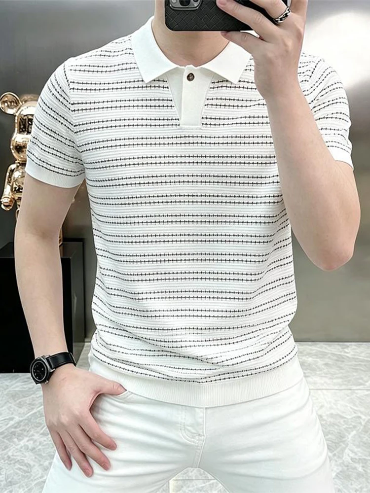 

Summer Thin Stripe Shirt Men's Fashionable Business Casual Collared Short Sleeve Comfortable Elastic T-Shirt for Youth