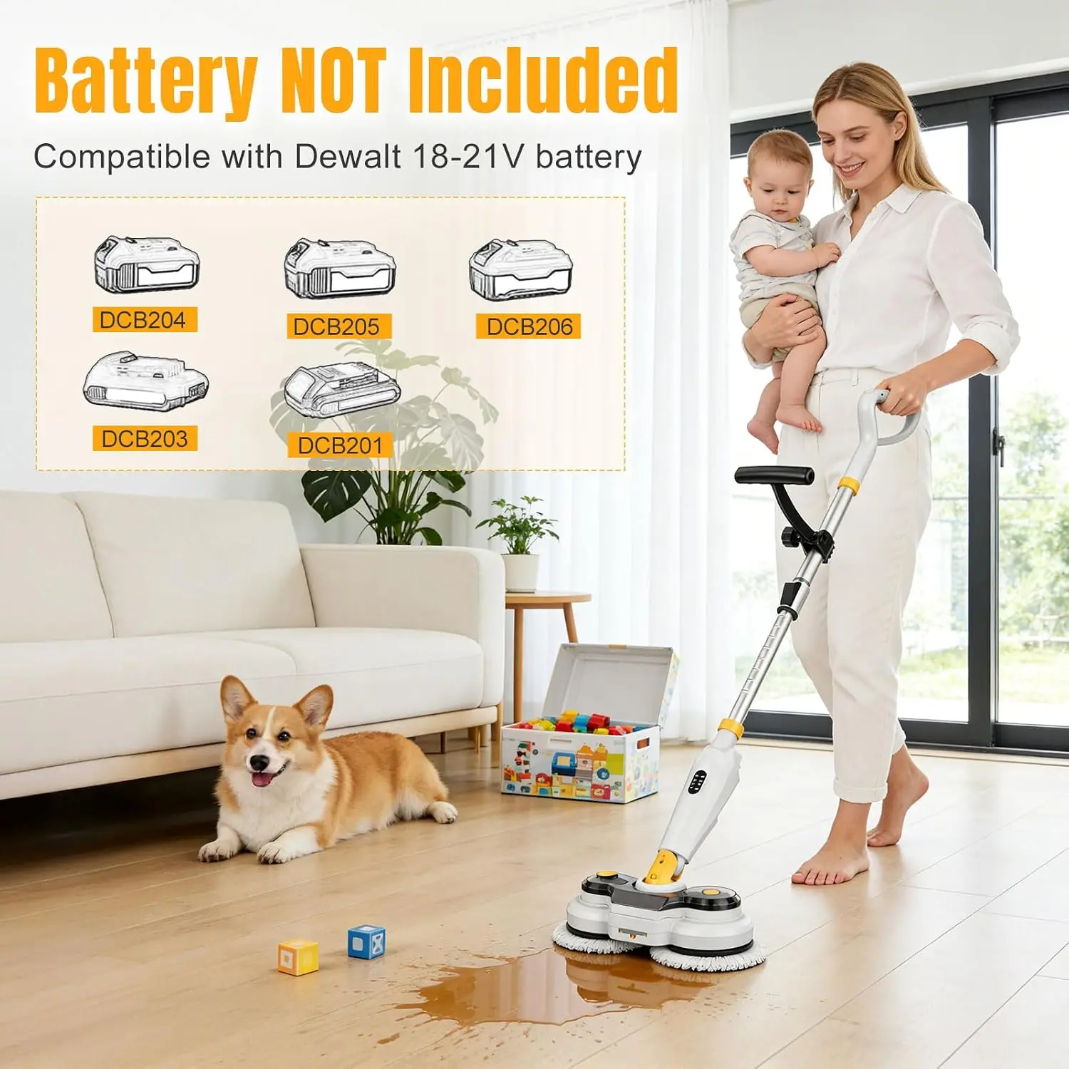 Cordless Electric Mop for Dewalt 20V Battery (NO Battery), 2 in 1 Electric Spin Mop & Electric Floor Scrubber Machine with LED L