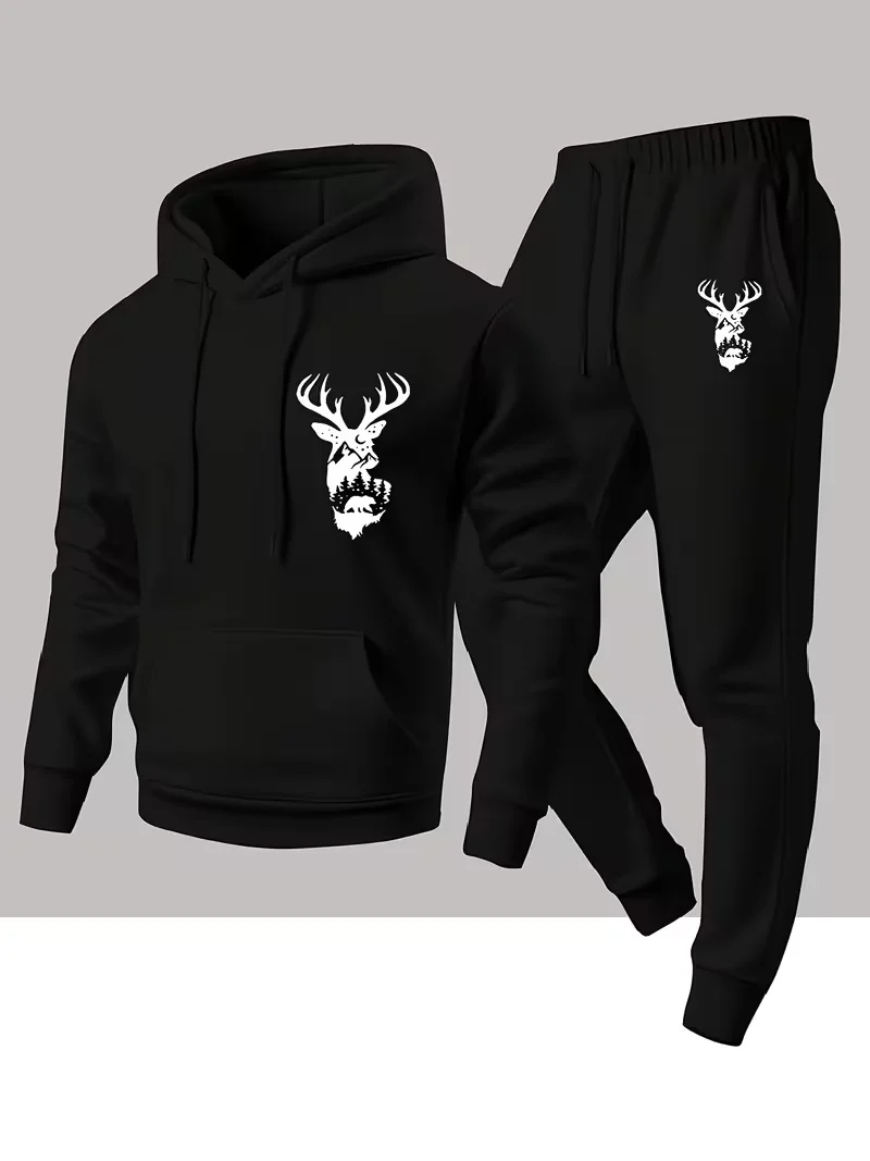 Conjunto de Dos Piezas con Estampado Animal para Hombre, Estilo Urbano Informal, Sudadera con Capucha y Pantalones Deportivos, Ropa Deportiva para Otoño e Invierno, Uso Diario