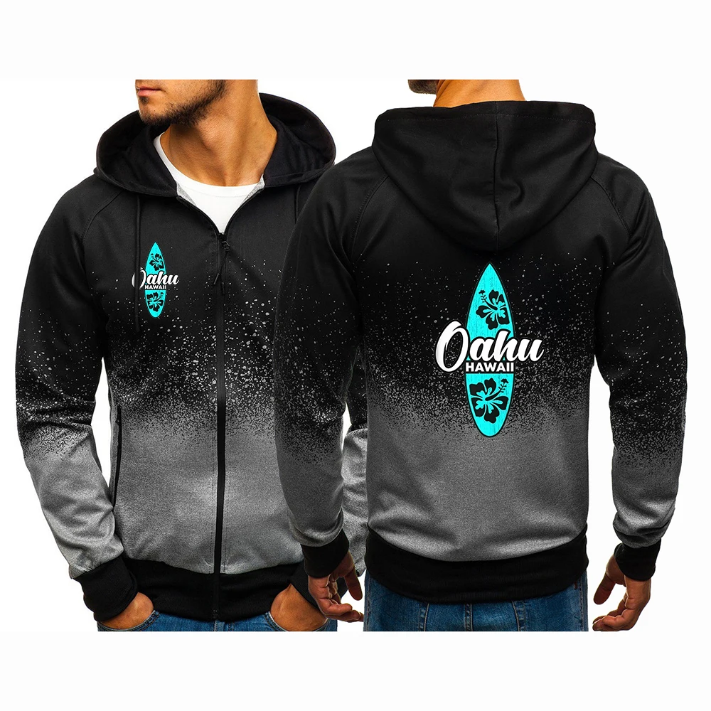 OAHU HAWAII SURFING Logo Trendy Zipper Hoodies Spring And Autumn Man's New Gradient Color Hooded Coat Print Streetwear Jacket