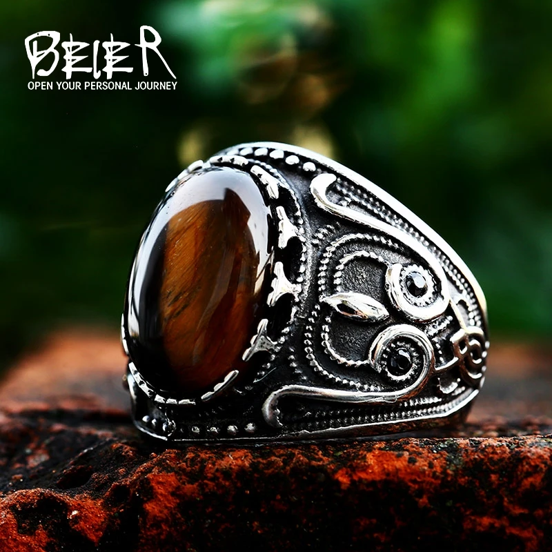 BEIER Vintage Man Boy Oval Tiger Eye Brown Stones Ring in Stainless Steel Jewelry Mens Accessories Anel Aneis BR8-699