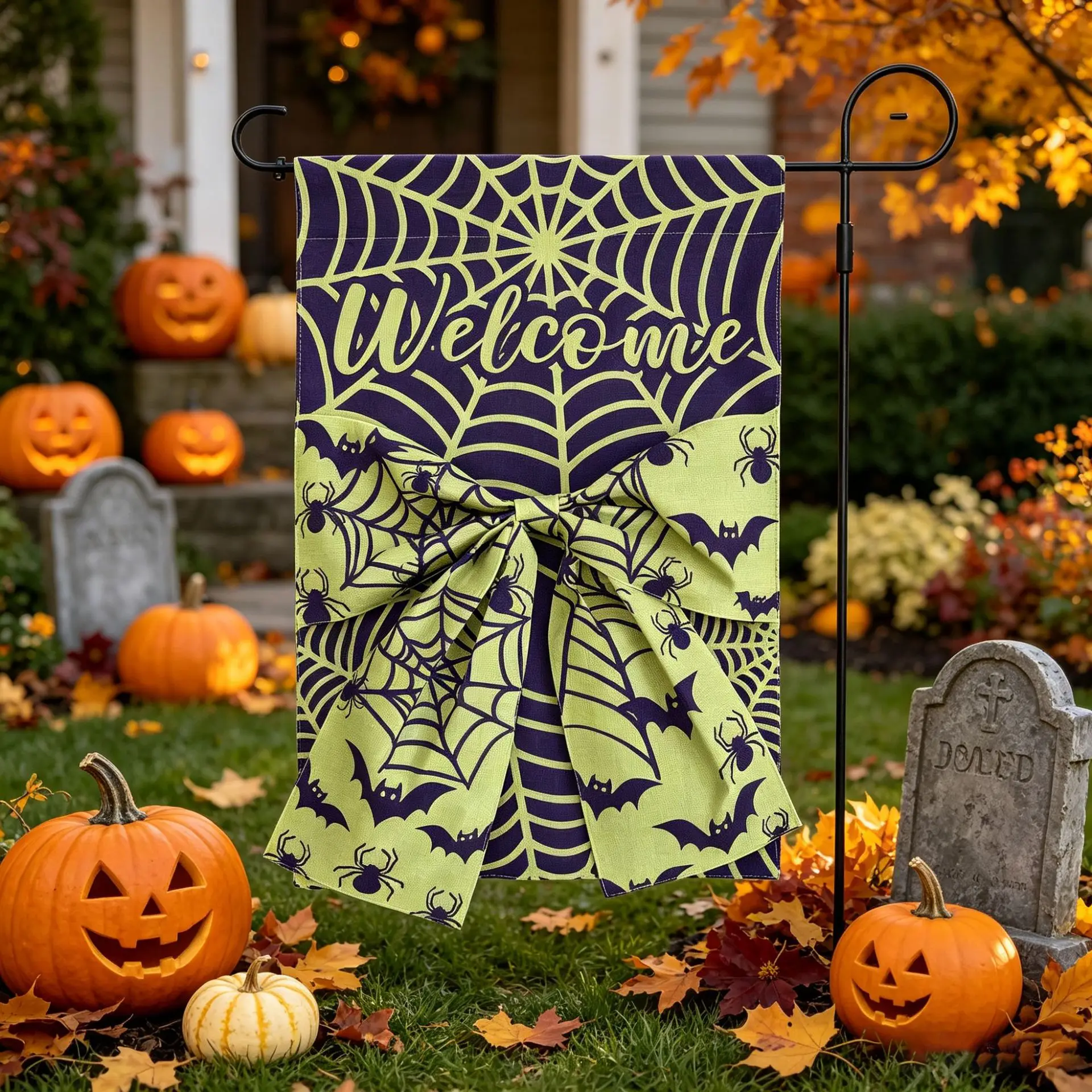 2 Stück Halloween Gartenläufer Digital Bedruckt Doppelseitiger Leinenstoff Schleifendekoration Hofläufer – Detail 9