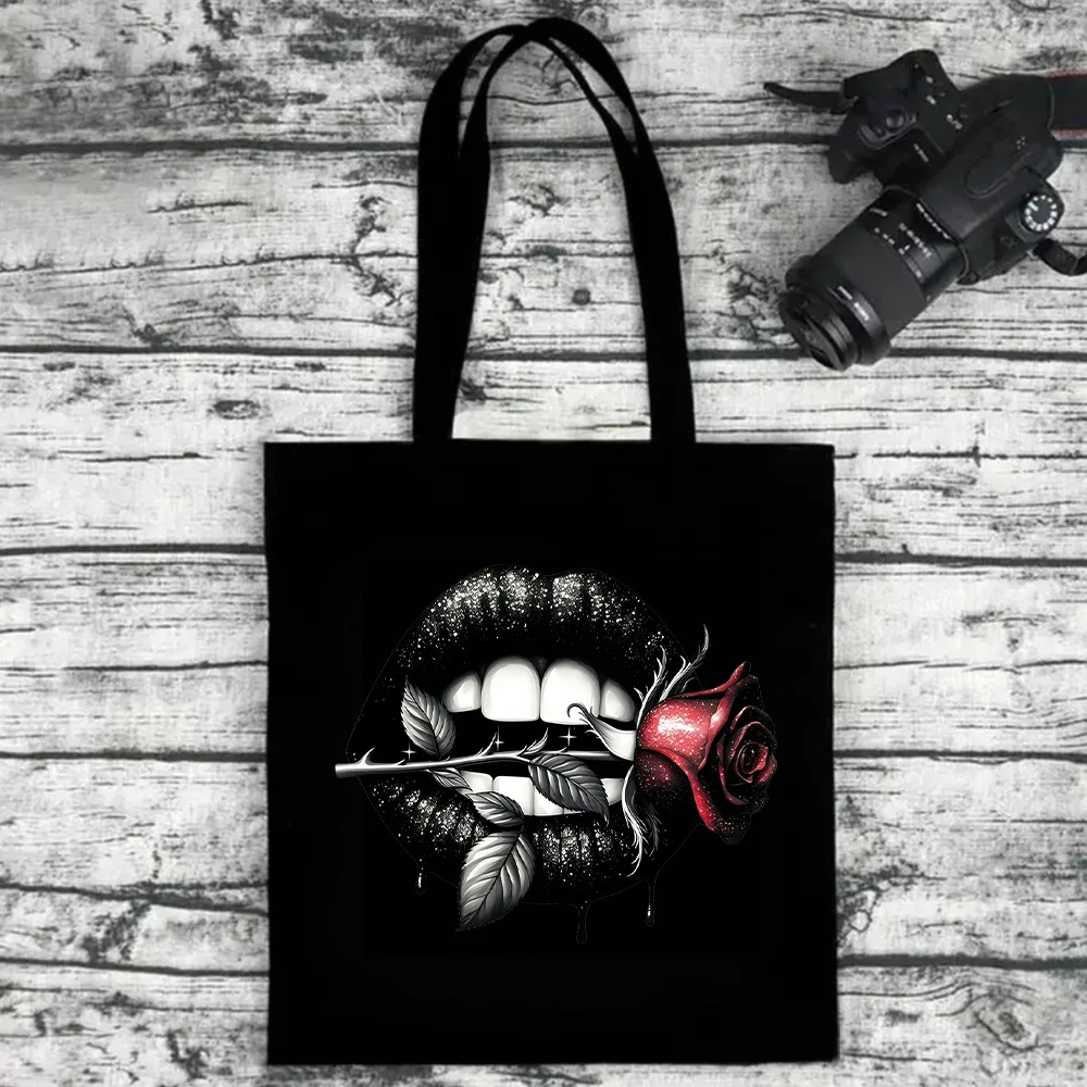Black Lips Red Rose Gothic Canvas Tote with Makeup Pouch Set Women Reusable Shopping Handbag for Daily Grunge Aesthetic Art