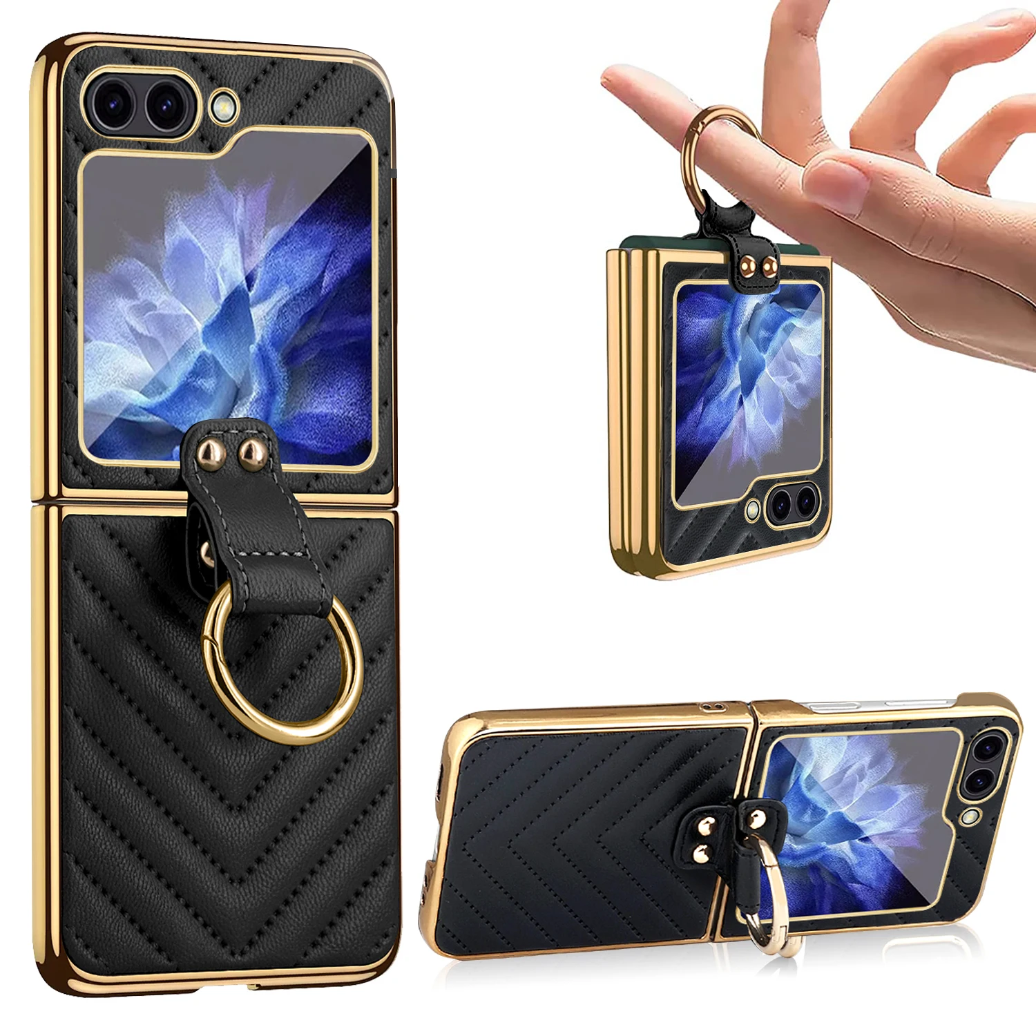 

Leather Electroplating Case For Samsung Z Flip5 Flip4 Flip3 Case All-Inclusive Drop-Resistant Ring Bracket Protective Cover