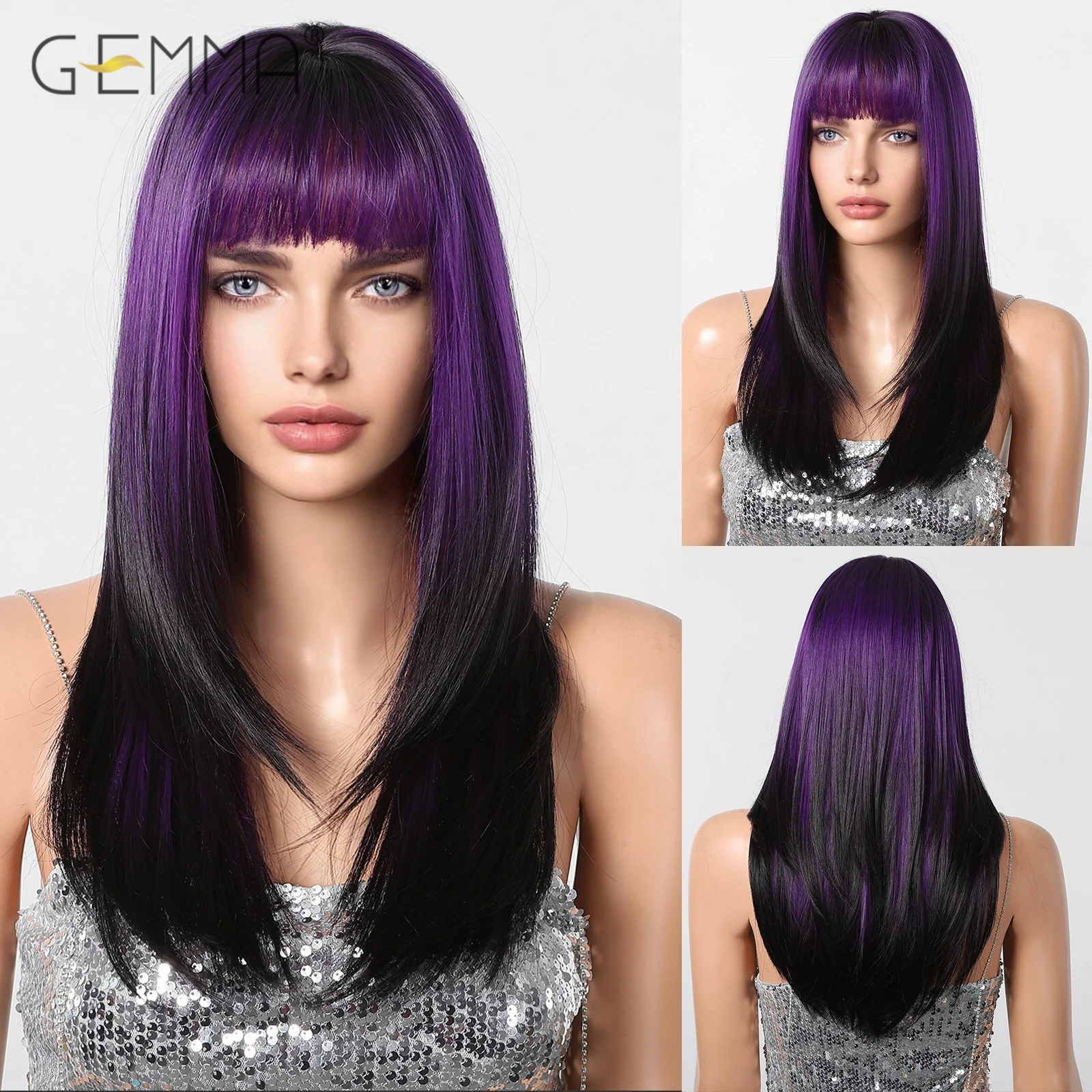 

Ombre Dark Purple Wig with Bangs Synthetic Long Straight Purple to Black Cosplay Women Wigs Layered Natural Hair Heat Resistant