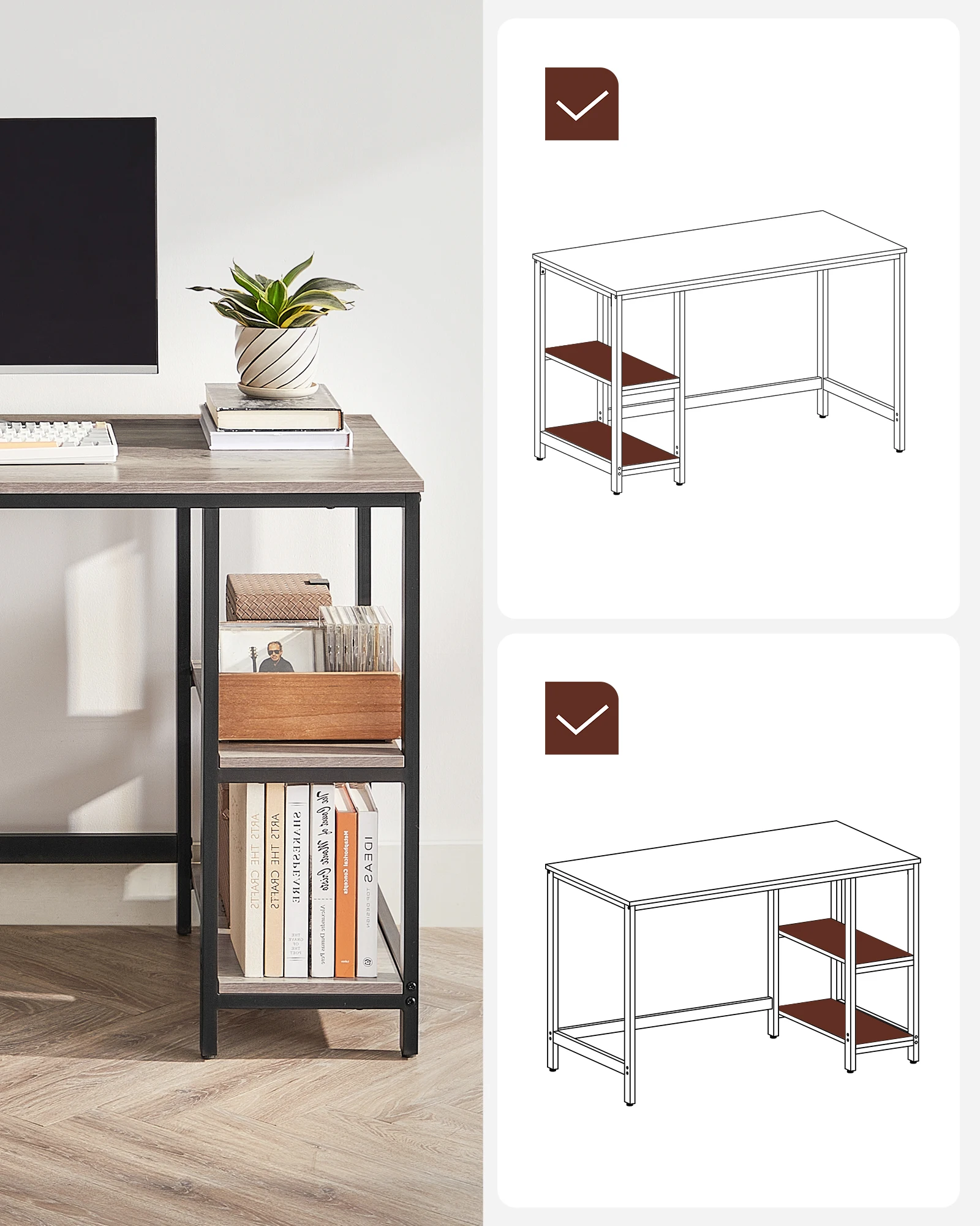 VASAGLE Computer Desk with 2 Shelves on the Right or Left Side, Steel Frame, Industrial Design, for the Office