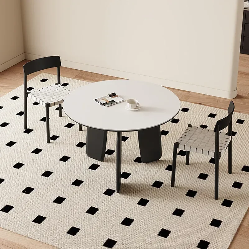 Wabi Sabi Solid Wood Dining Table and Chairs Set Round Modern Simple Home French Retro Pure White Rock Slab Top