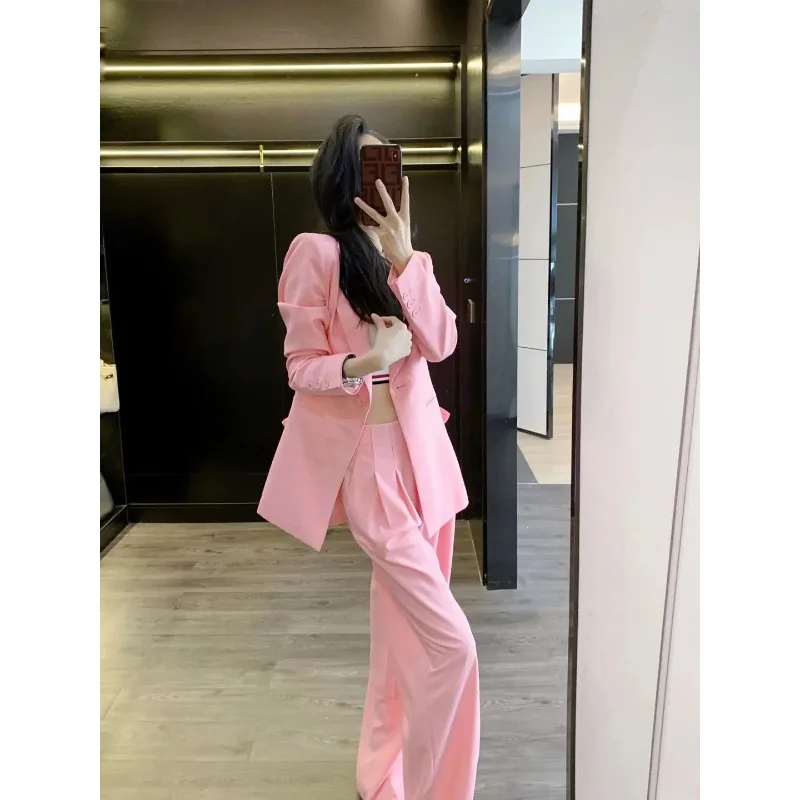 

Insozkdg New Spring Autumn Vintage Casual Short Blazers Suit Coat Wide Leg Pants Set Commuter Solid Loose Two Piece Sets Women's