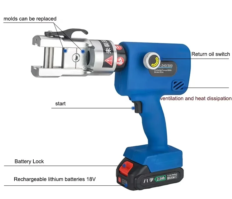 Lithium Hydraulic Pliers with Safety Valve, SEM-240 Rechargeable Wire Clamp, Portable Copper Aluminum Terminal Crimping Tool