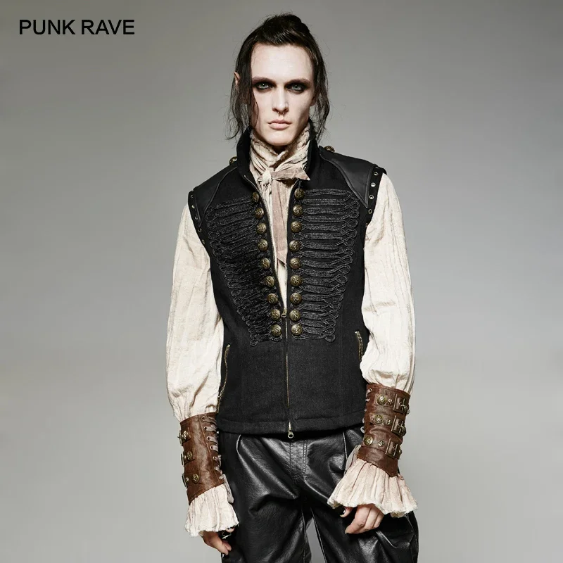 PUNK RAVE Men's Black Military Uniform Style Dark Winter Vest  Rock Handsome Cool Waistcoat Stage Clothes for Singers