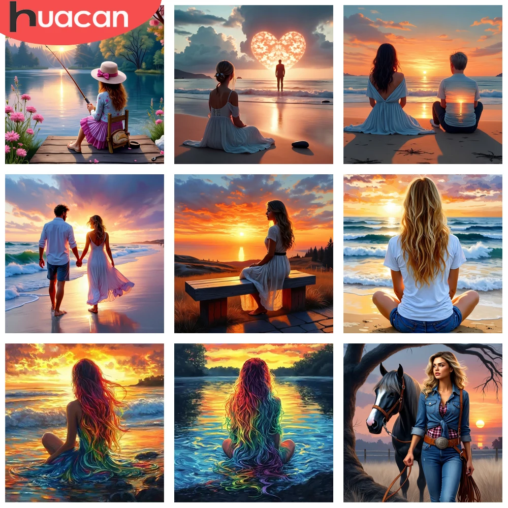 HUACAN Diamant-Kunst-Mosaik-Sets, Frau, Mädchen, Porträt, komplette Kits, Diamant-Gemälde, komplettes Kit, Sonnenuntergang, Meer, Wanddekoration