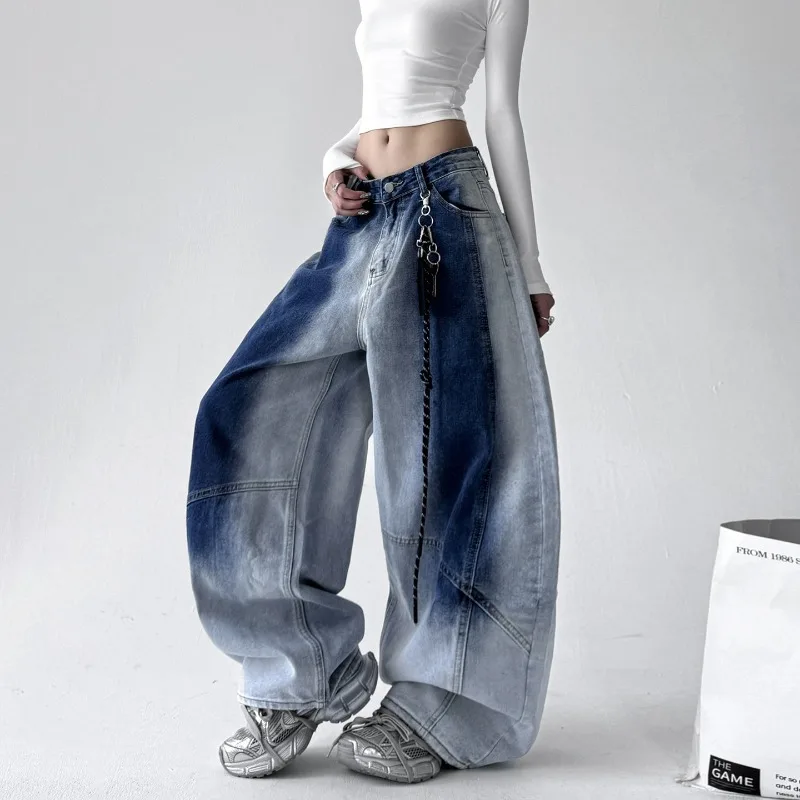 Retro American Washed Gradient Women's Jeans 2026 Autumn New Korean Fashion Y2k Streetwear Loose Wide Leg Denim Pants