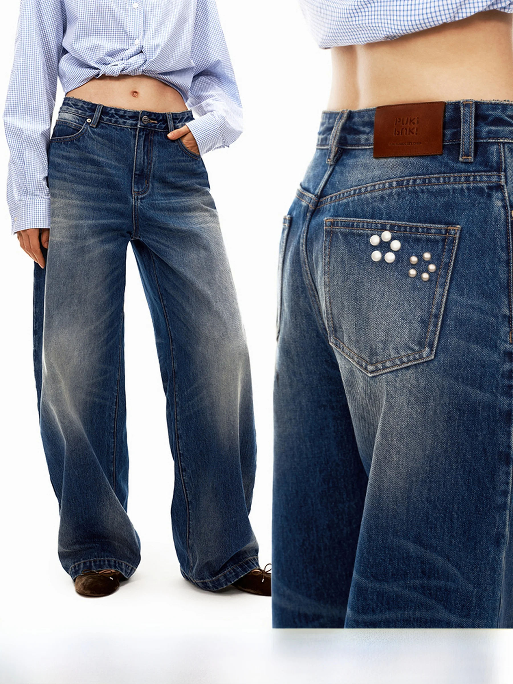 

Классические темно-синие винтажные потертые широкие джинсы с низкой талией Puke, женские джинсы из хлопка без эластичного кроя