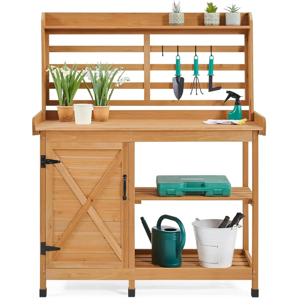 Outdoor Potting Bench, Large Horticulture Work Table Workstation with Storage Cabinet Shelf & Planting Working Console