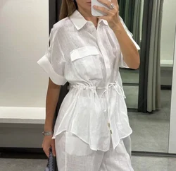 2024 New Autum Women's European And American Style Fashion Loose And Elegant Shirt Linen Casual Pants Street Style Two-piece Set