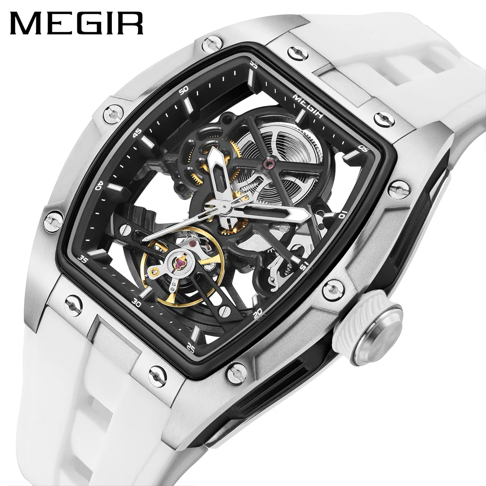 MEGIR Tonneau Skeleton Mechanical Watch Men Sport Wristwatch Silicone Strap Luxury Hollow Dial Male Automatic Mechanical Watches