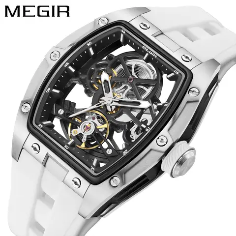 MEGIR Tonneau Skeleton Mechanical Watch Men Sport Wristwatch Silicone Strap Luxury Hollow Dial Male Automatic Mechanical Watches
