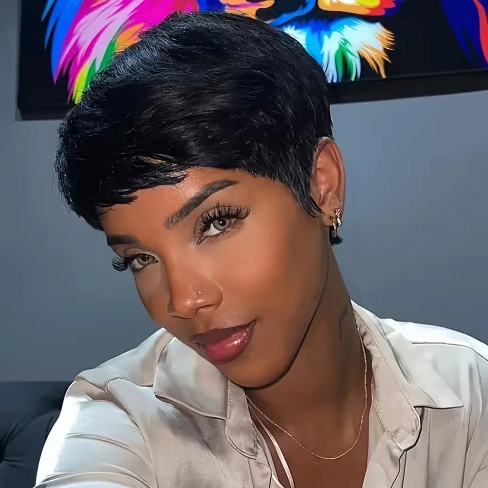 

Короткий парик-боб из натуральных черных волос Pixie Cut, недорогой парик из натуральных волос Remy для чернокожих женщин, полностью машинной работы, для повседневного использования