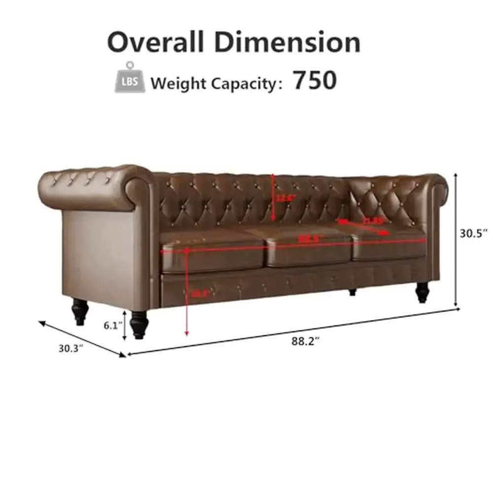 Brown Leather Chesterfield 3 Seater Sofa Sturdy Durable Comfortable Soft Mid Century Modern Furniture Office Bedroom Luxurious