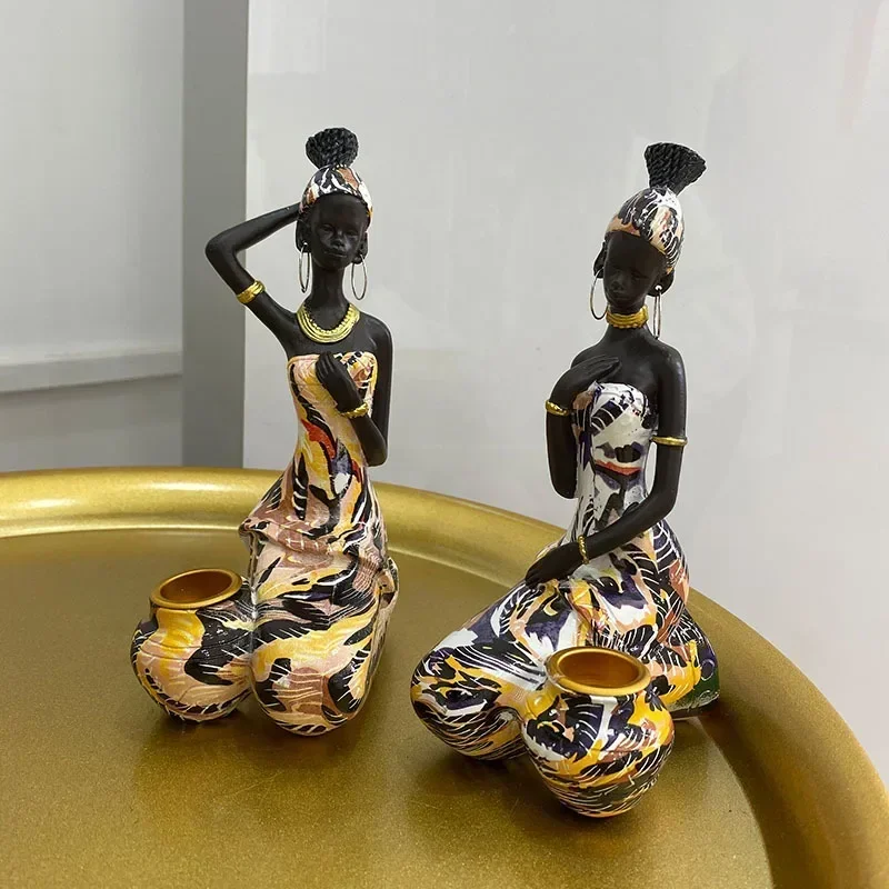 Vilead African Women Statue Candlestick Black Figure Wedding Festival Candle Holder Home Table Decoration  Living Room Office