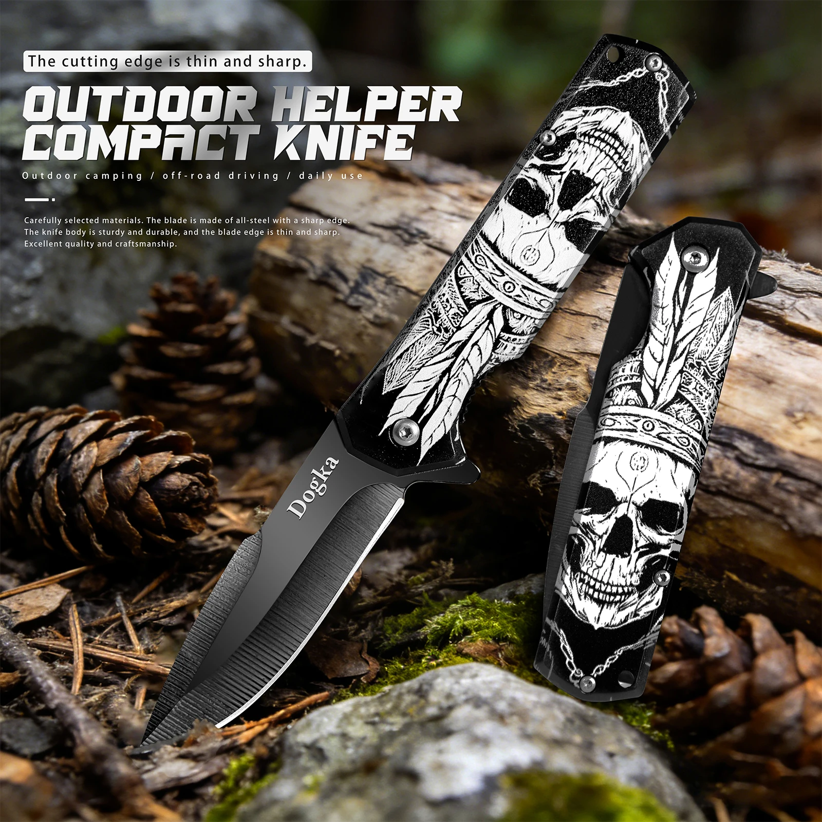 Folding Pocket Knife with Trendy Skull and Feather Print, a Portable Multi-Functional Cutting Tool for Outdoor Camping Fruit Cutting, Fishing Line Trimming, Hiking Package Unboxing and Picnic Food Prep