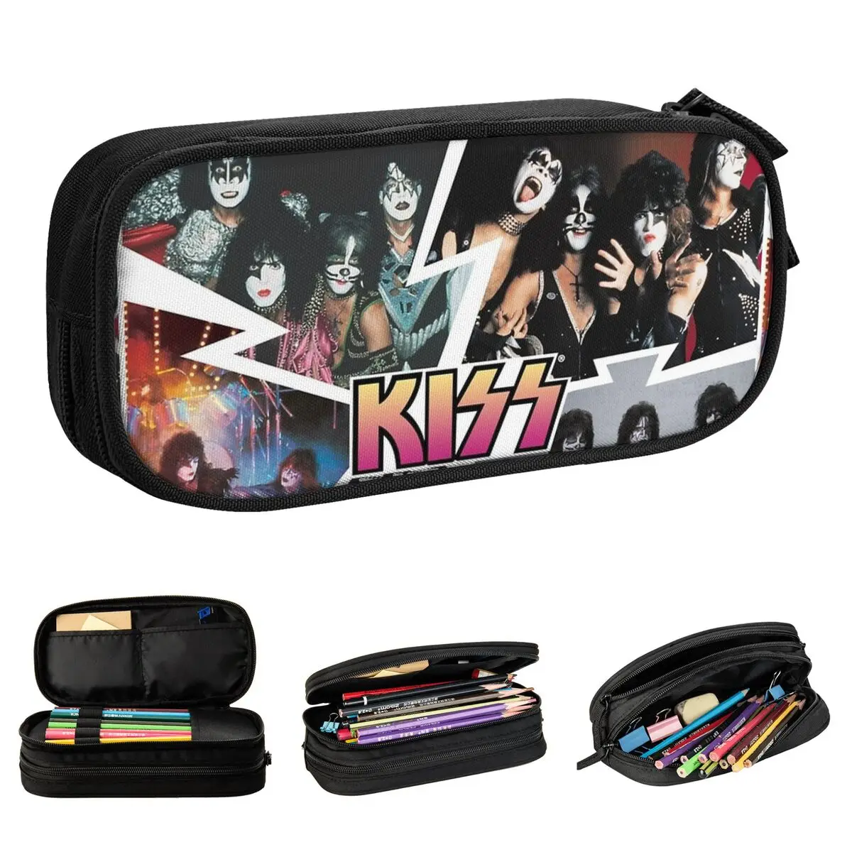 lovely rock music band lapis cases kiss band lapis pen holder para meninas e meninos bolsas de grande capacidade escritorio zipper papelaria 01