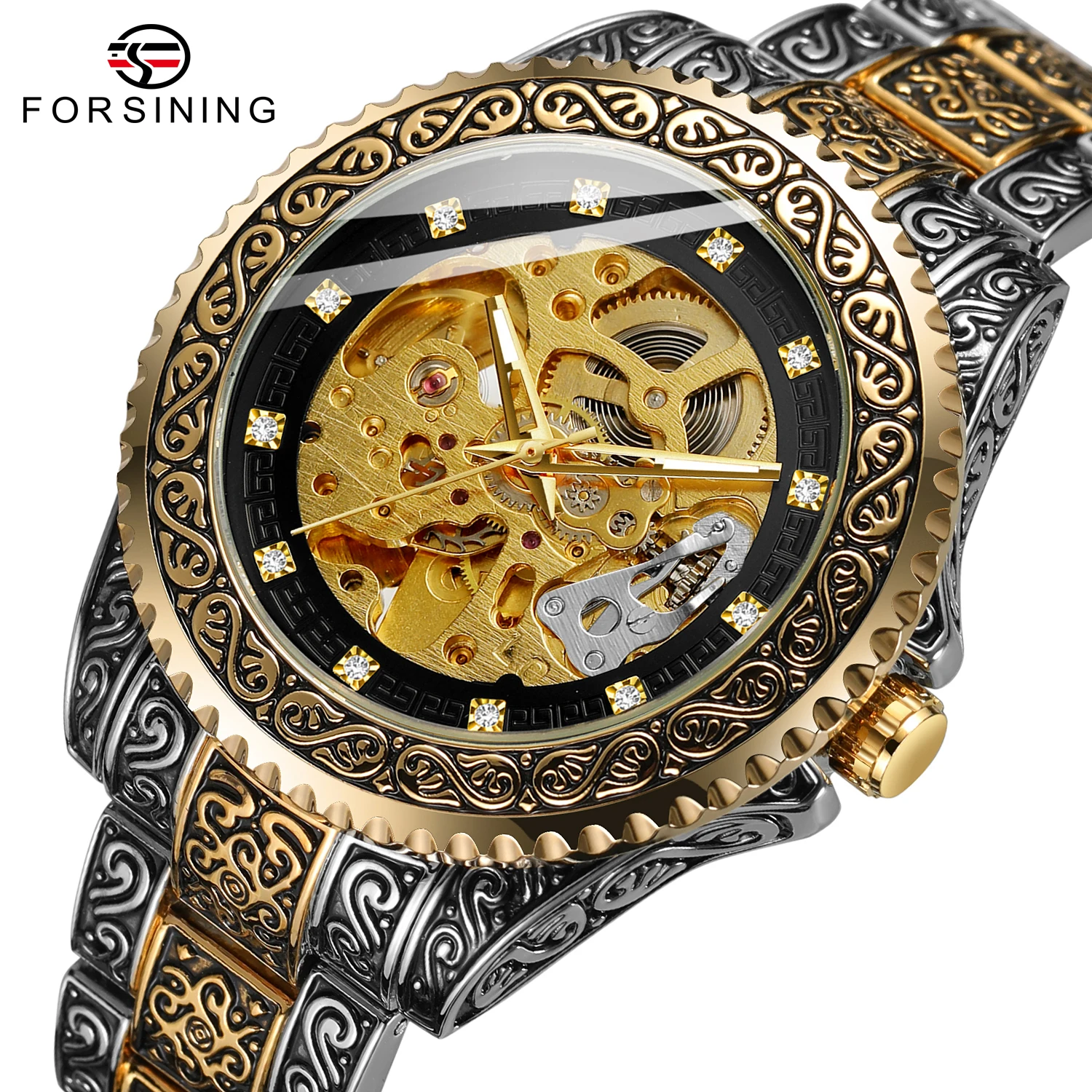 Forsining Luxury Men Automatic Mechanical Wristwatch Waterproof Stainless Steel 3D Diamond Watch Golden Mens Clock Vintage Reloj