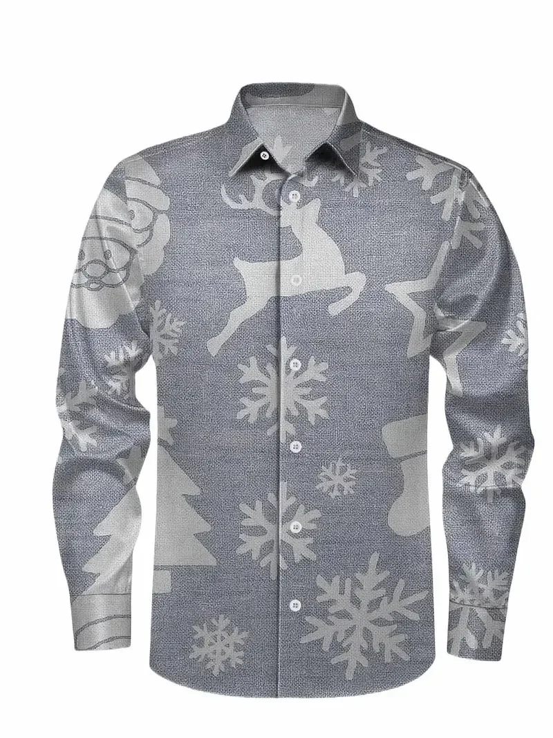 

2026 NChristmas Themed Men's Gift Reindeer Pattern Printed Shirt Christmas Pattern Long Sleeved Shirt Fashionable Men's Shirt