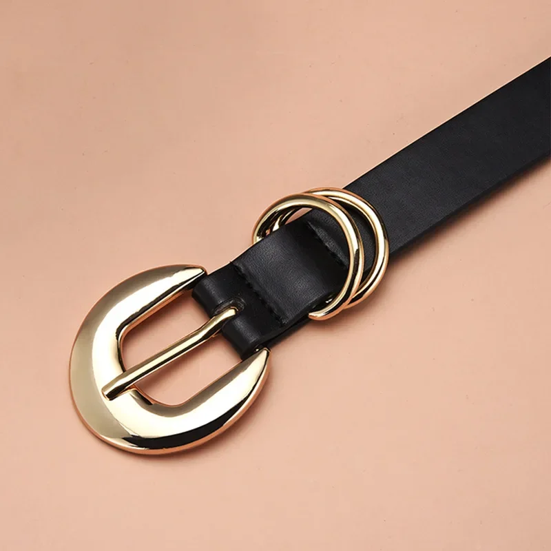 Cinturón de hebilla de aguja de doble anillo para mujer, cinturón de cintura elegante negro de lujo versátil Retro, accesorios de ropa para niña, regalo de moda