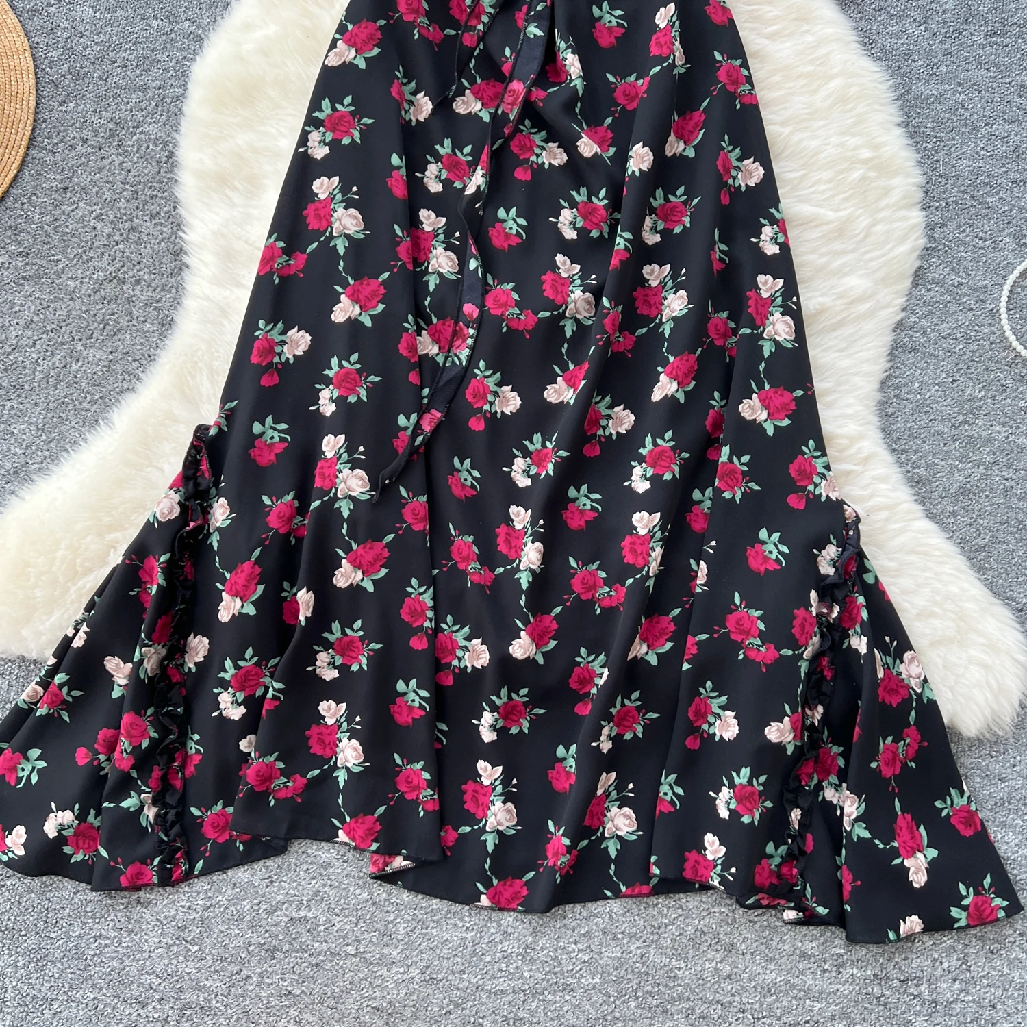 Elegancka sukienka w stylu vintage z szyfonu, dekolt w serek, bez rękawów, z nadrukiem, dopasowana, w stylu koreańskim, boho, długa sukienka letnia, odzież damska.