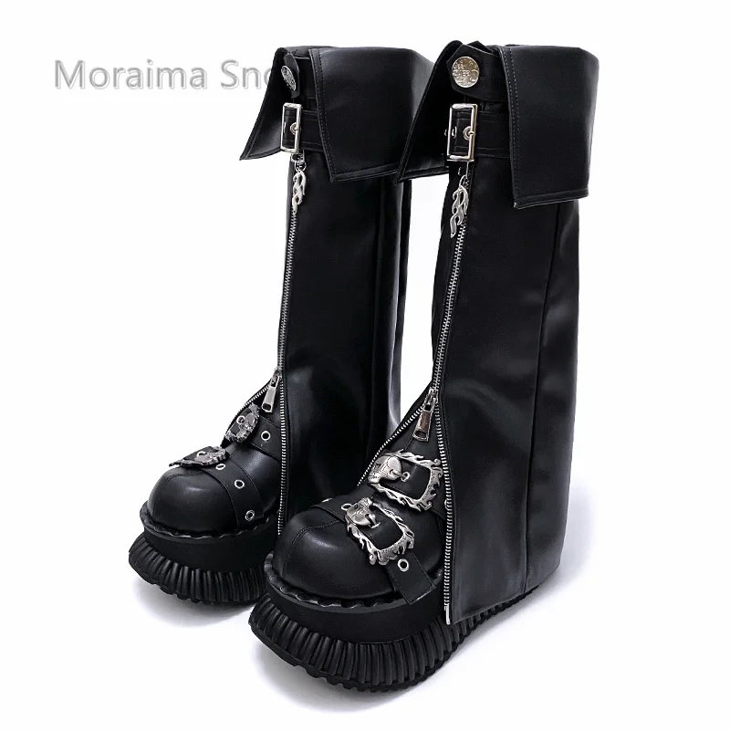 Belt Buckle Thick -Soled Tube Boots Punk Round Toe Leather Shoes Female Cool Metal Decor Increasing Pants Legs Knee High Boots