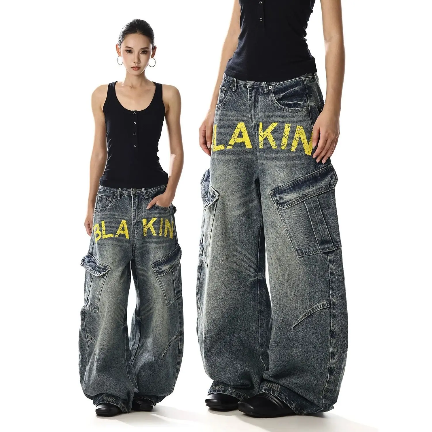 Y2K Retro American High Street Pocket Couple Jeans Retro Loose Casual Printed Wide Leg Letter Scimitar Trousers