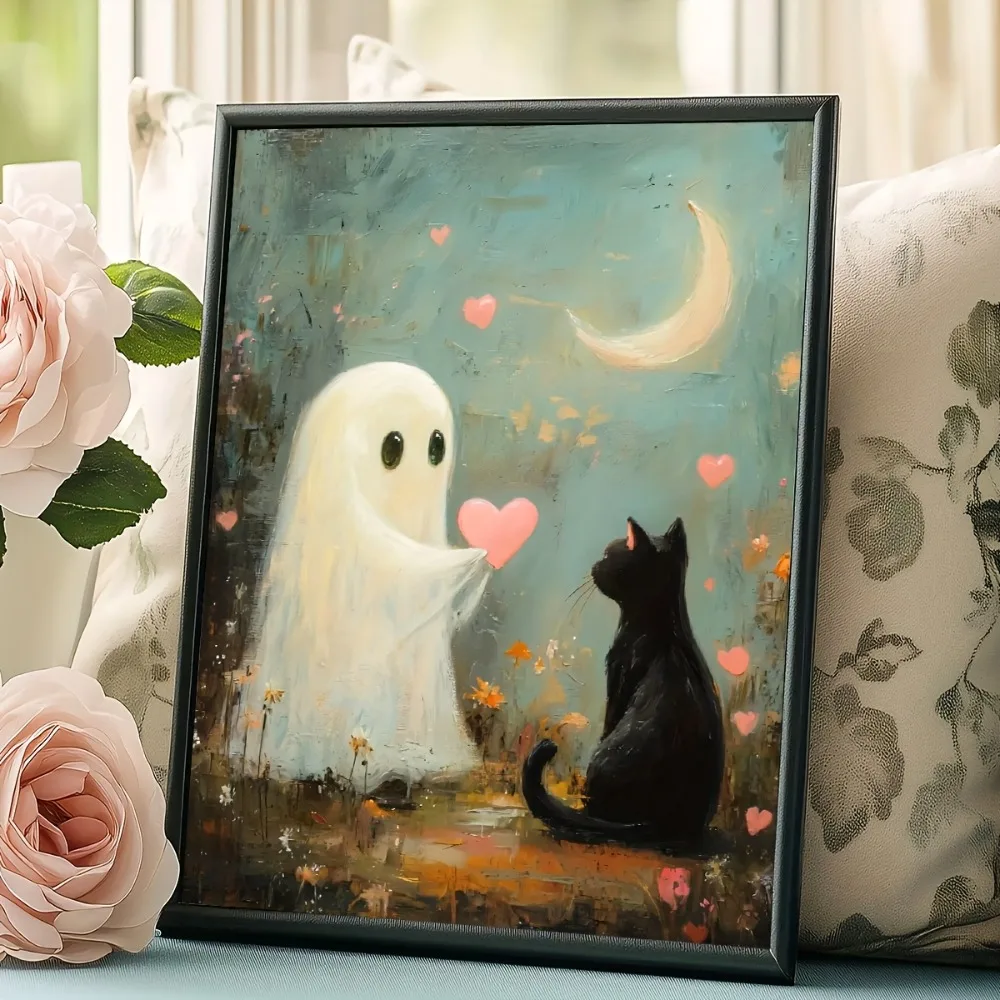 1 Frameless Whimsical Ghost and Black Cat Canvas Art Print, Modern Art Deco Style and Cartoon Animal Theme, Halloween Gift