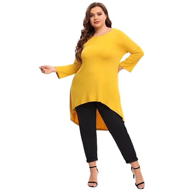 Plus Size Long Sleeve Elegant Spring Autumn Tunic Blouse Women Long Hi Low Fit Flare Swing Tops Large Size Loose T Shirt 7XL 8XL