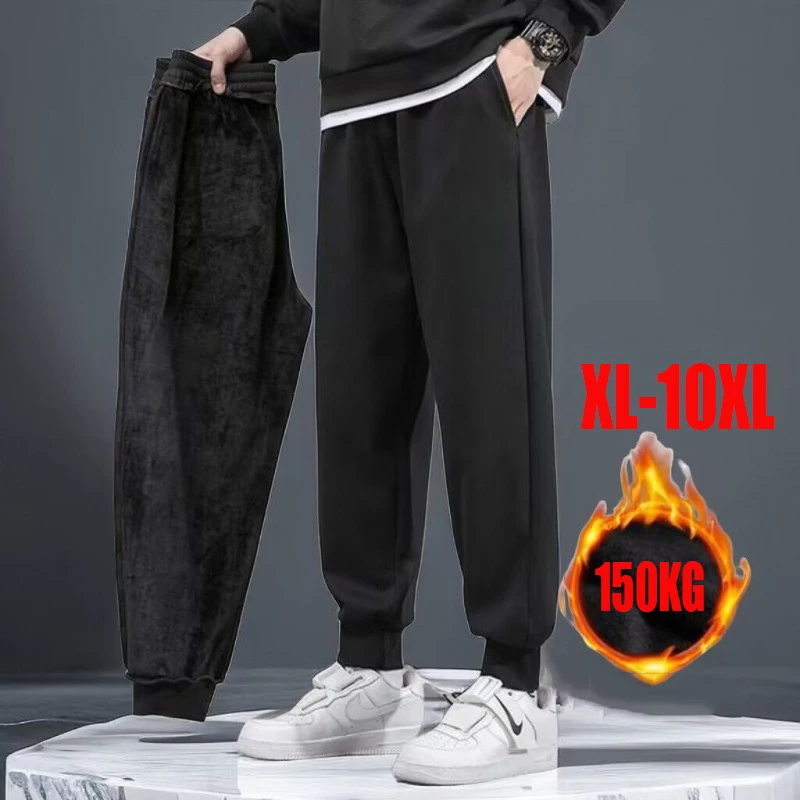 10XL حجم كبير صوف مبطن ركض دافئ مع مكبل الكاحلين رجل سراويل تقليدية القطن الراحة ملابس شتوية حجم كبير 160 كجم ارتداء