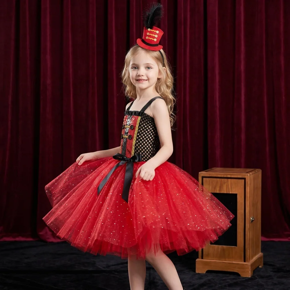 Children Circus Magician Style Mesh Tutu Dress With Headband Set Halloween Carnival Role Play Stage Performance Fancy Clothing
