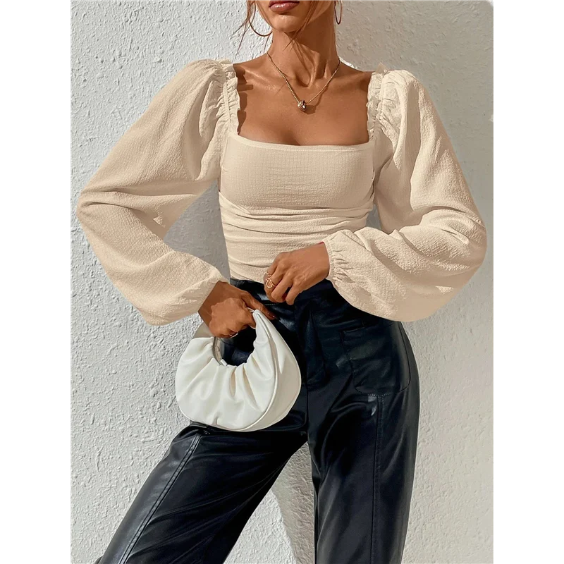 

Women's Square Neck Long Sleeve Crop Tops Puff Sleeve Ruched Blouse