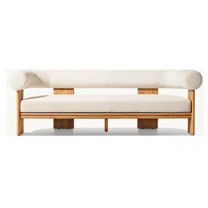 

High-end resort hotel outdoor teak sofa, teak with teak-colored cushions, tropical outdoor leisure furniture