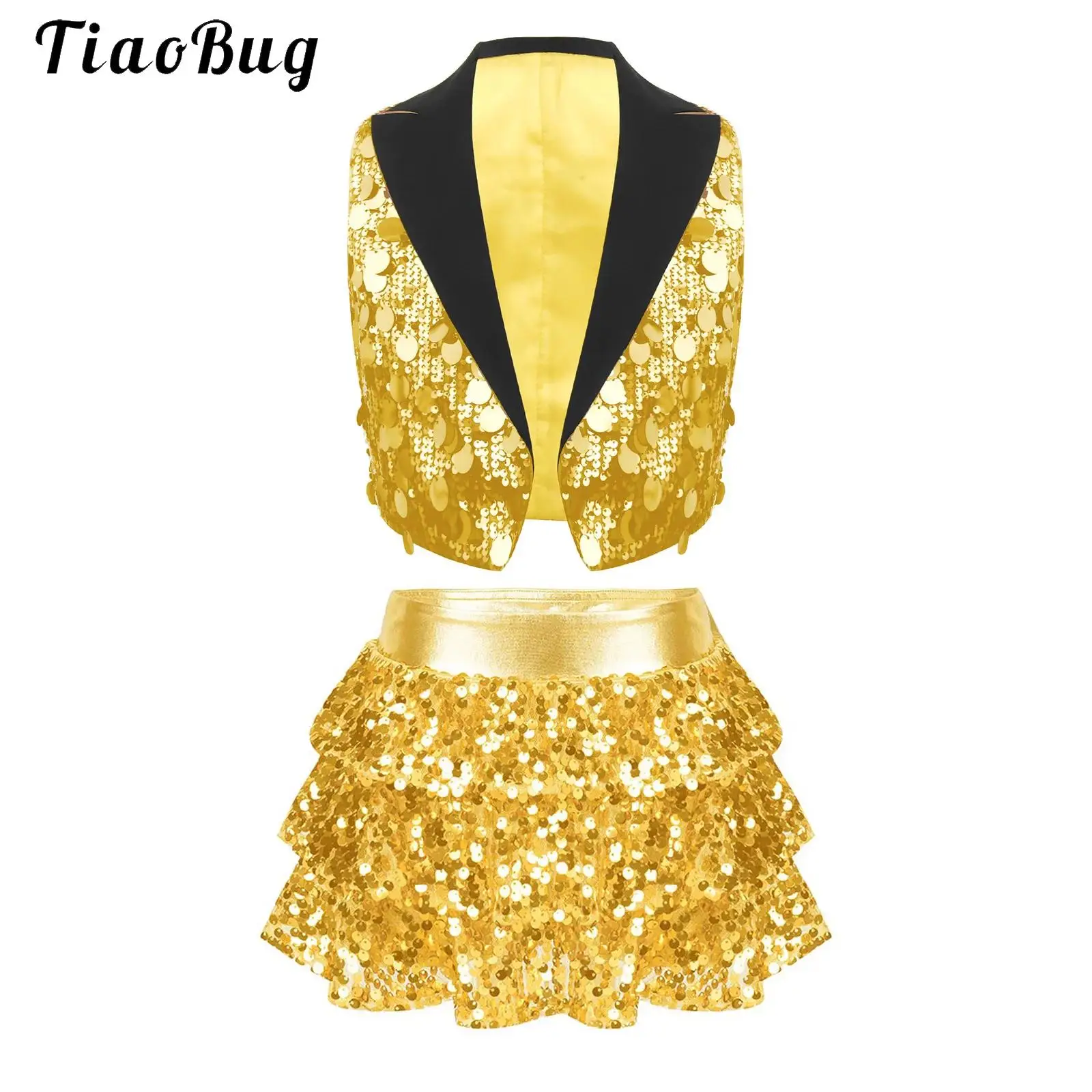 

Kids Girls Sequin Jazz Dance Outfit Shiny Metallic Open Front Vest Crop Top with Tiered Skirt Disco Prom Party Cheerleading Suit